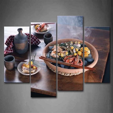 Chinese Food With Chopsticks Tea 4 Piece Painting On Canvas Wall Art ...