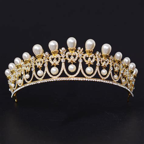 gold simulated dangle pearl tiara elegant wedding tiara for bride queen princess wedding hair ...