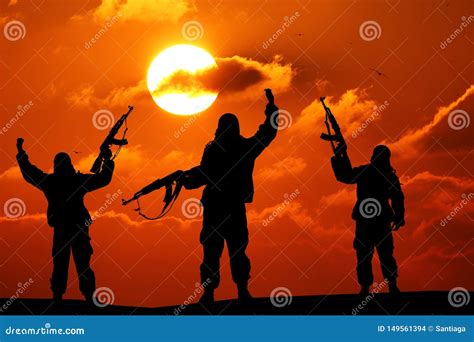 Silhouette of Military Soldier or Officer with Weapons at Sunset. Stock Photo - Image of brave ...