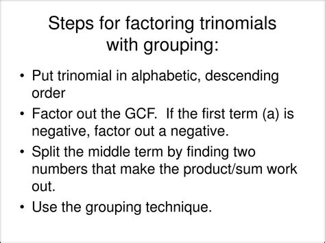 PPT - Factoring Trinomials by Grouping (three terms) PowerPoint Presentation - ID:672041