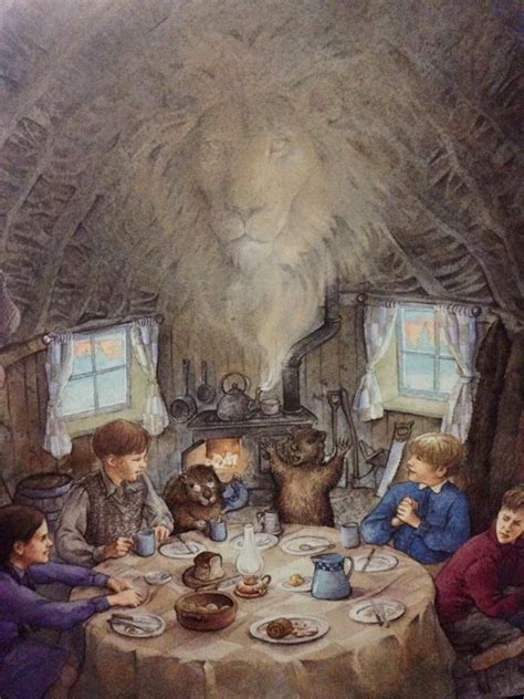 Narnia- Lucy, Peter, Susan, and Edmund in Mr. and Mrs. Beaver's house and Mr. Beaver tells them ...