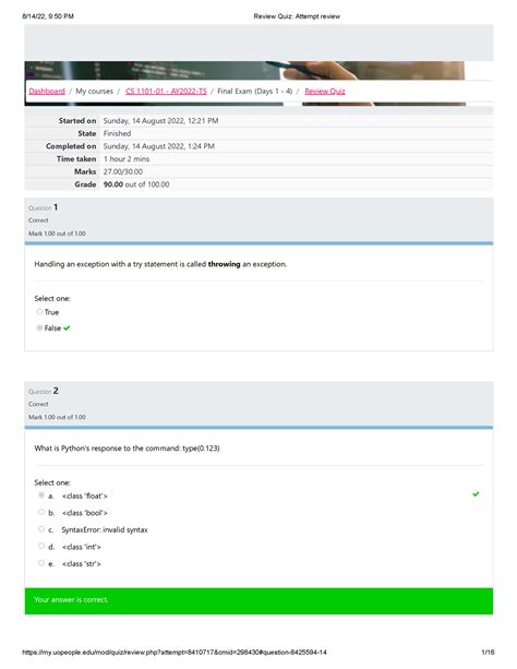 Review Quiz 5 - exams - Started on Sunday, 14 August 2022, 12:21 PM State Finished Completed on ...