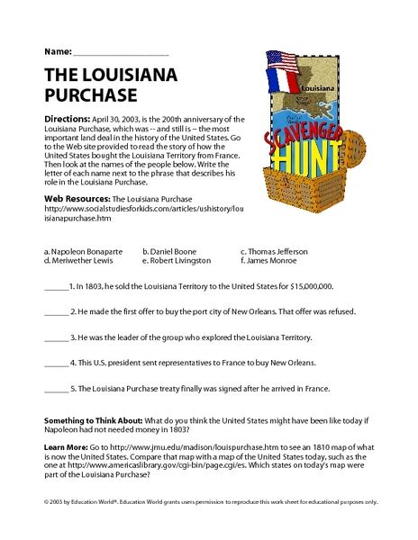 The Louisiana Purchase: Worksheet Worksheet for 7th - 12th Grade | Lesson Planet