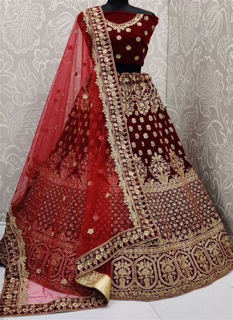 Maroon Color Velvet Designer Bridal Wear Lehenga Choli - Buy Online ...