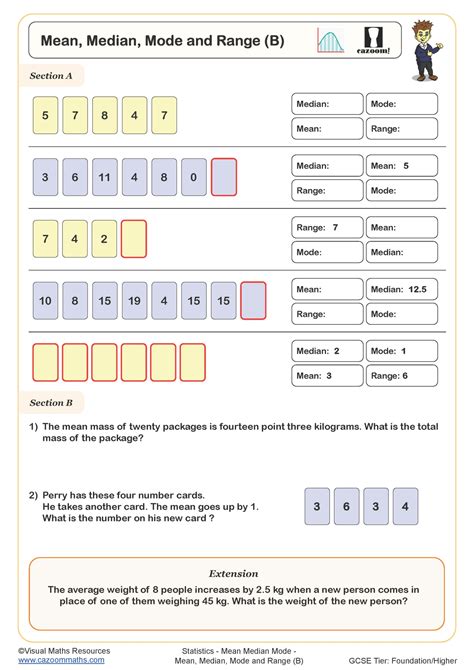 Mean, Median, Mode and Range (B) Worksheet | Printable Maths Worksheets