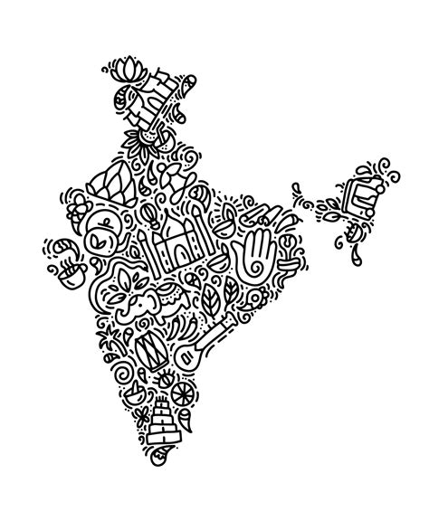 India map black calligraphy text and doodle elements Indian culture vector illustration design ...