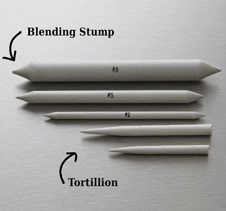 four different types of pens are shown on a surface with the words blending stump and tortillon