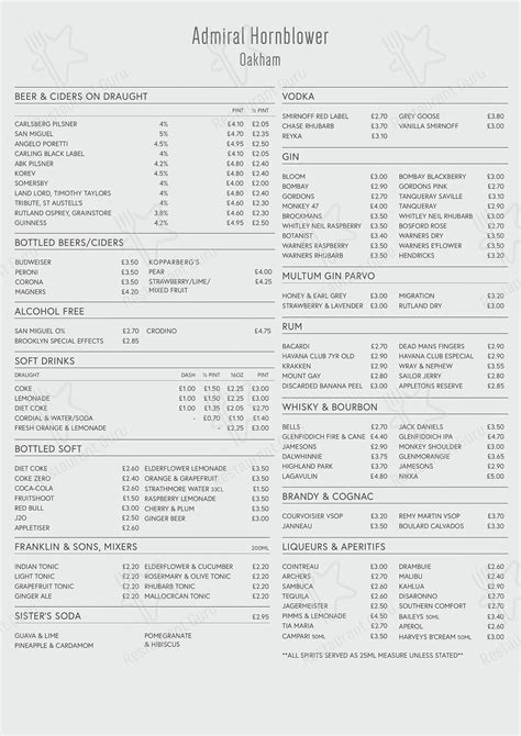 Menu at The Admiral Hornblower pub & bar, Oakham