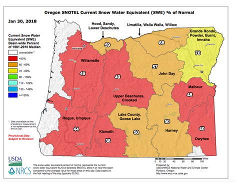 Climate Signals | Map: Oregon SNOTEL Current Snow Water Equivalent (SWE) % of Normal, 1/30/18