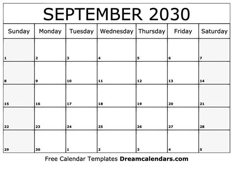 September 2030 Calendar - Free Printable with Holidays and Observances