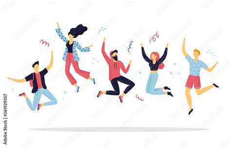 Happy people jumping for joy. Funny hand-drawn cartoon women and men on ...