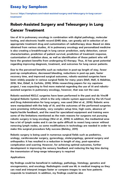 ≫ Robot-Assisted Surgery and Telesurgery in Lung Cancer Treatment Free Essay Sample on Samploon.com