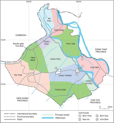 Administrative divisions of An Giang Province and research locations ...