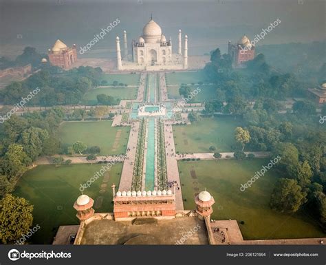 Aerial view of Taj Mahal in Agra India covered with morning fog — Stock Photo © spvvk #206121994