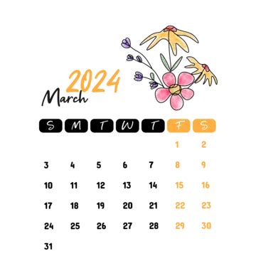 Calendário Mensal Floral De Março De 2024 Vetor PNG , Calendário Floral De Março, Março De 2024 ...