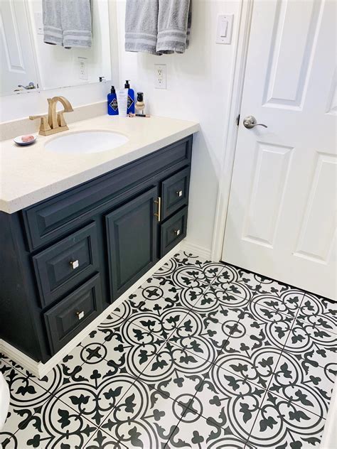 Black and white tile I Geometric Tile I Bathroom renovation I Painted Bathroom Vanity I Merola ...