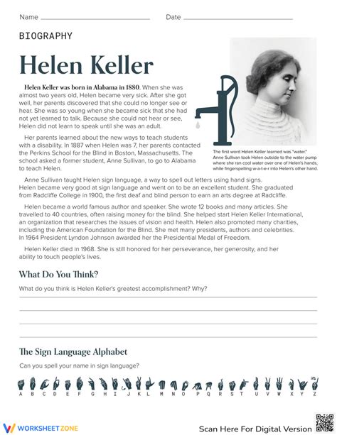 Helen Keller Biography Worksheet