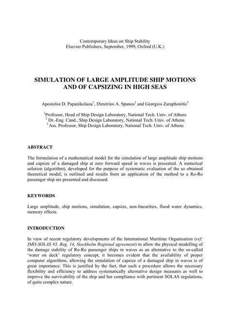 (PDF) Simulation of Large Amplitude Ship Motions and of Capsizing in High Seas