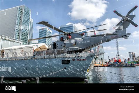 Merlin Helicopter on the Royal Navy Type 23 Frigate HMS St Albans in West India Docks London ...