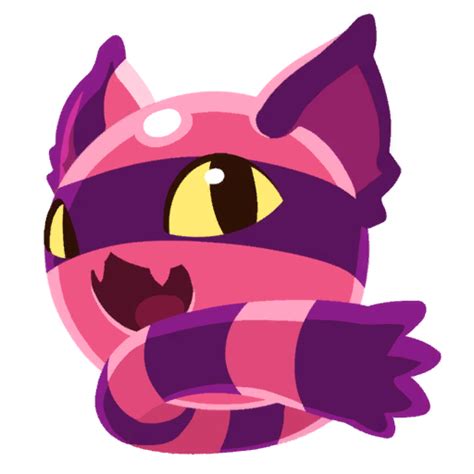 a pink and purple cat with yellow eyes wearing a striped scarf on its head,