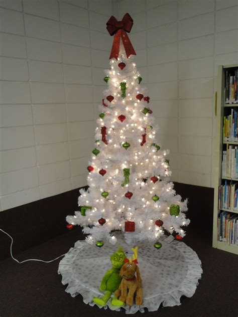 Our Grinch Tree--White Tree decorated with lime green and red ornaments with Grinch and Max ...