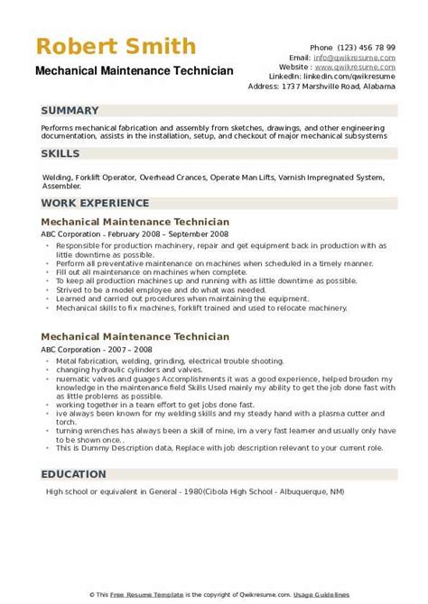 Mechanical Maintenance Technician Resume Samples | QwikResume