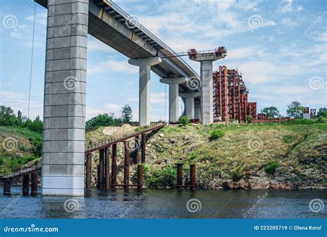 Construction of Automobile Bridge Across the River Stock Image - Image ...