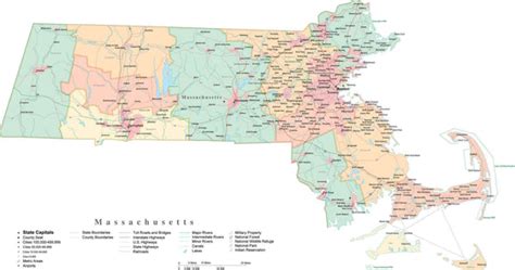 State Map of Massachusetts in Adobe Illustrator vector format. Detailed ...