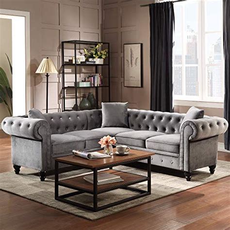 L-Shaped Velvet Tufted Sectional Sofa Set with 3 Pillows Classic Upholstered Rolled Arm ...