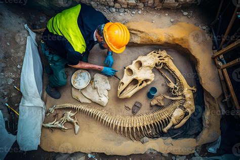 Archaeologist works on an archaeological site with dinosaur skeleton in wall stone fossil ...