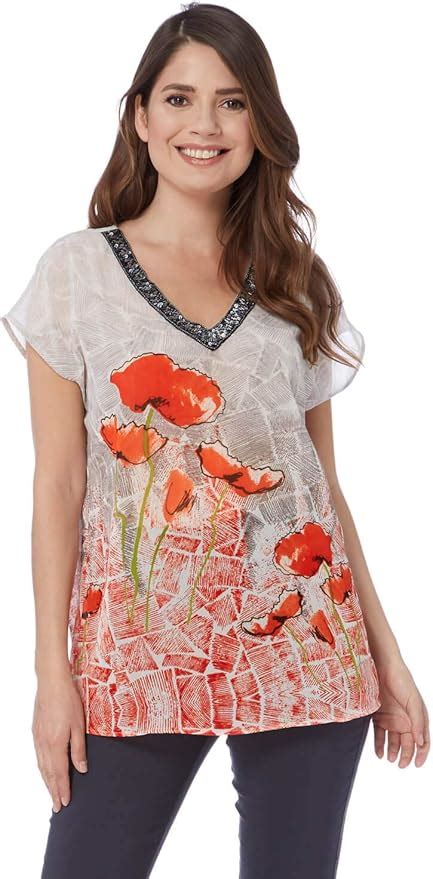 Roman Originals Women Poppy Print V-Neck Top - Ladies Loose Tops for Casual Everyday Occasion ...