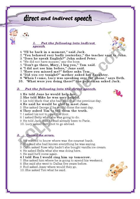 direct and indirect speech - ESL worksheet by janebabaeva