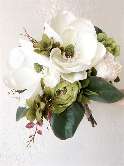 Scarlett Bridal Bouquet with White Magnolias and Green Peonies | Bridal bouquet green, Wedding ...