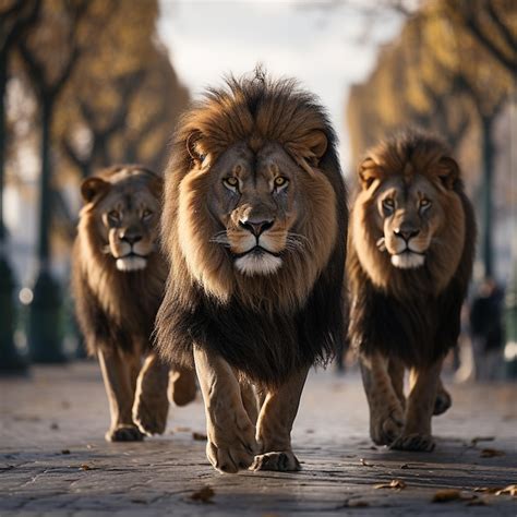 Premium Photo | Photo pack of 3 lions walking in a street