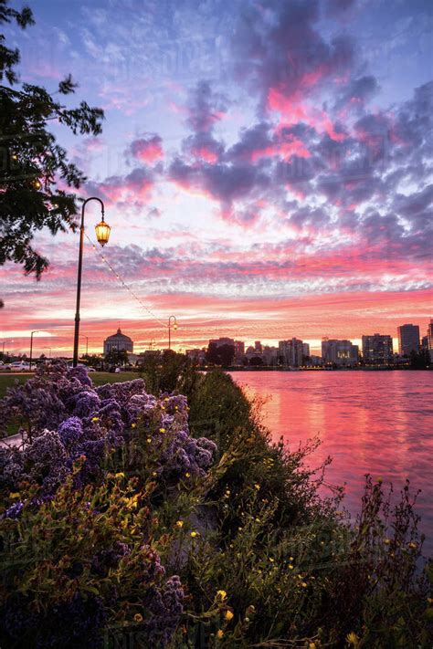 Lake Merritt at sunset, Oakland, California, America, USA - Stock Photo - Dissolve