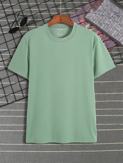 Mint Green Casual Collar Short Sleeve Fabric Plain Embellished Slight Stretch Men Tops Plain ...