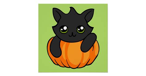 Cute Black Cat Pumpkin Drawing Halloween Poster | Zazzle