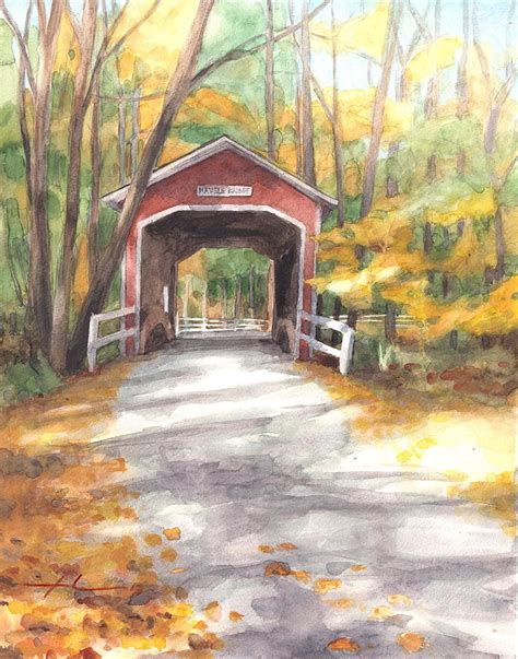 Covered Bridge Autumn Shadows Watercolor Painting Drawing by Mike Theuer