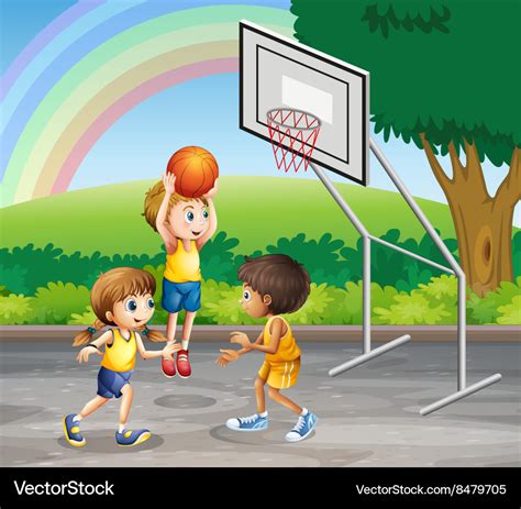 Three children playing basketball at the court Vector Image