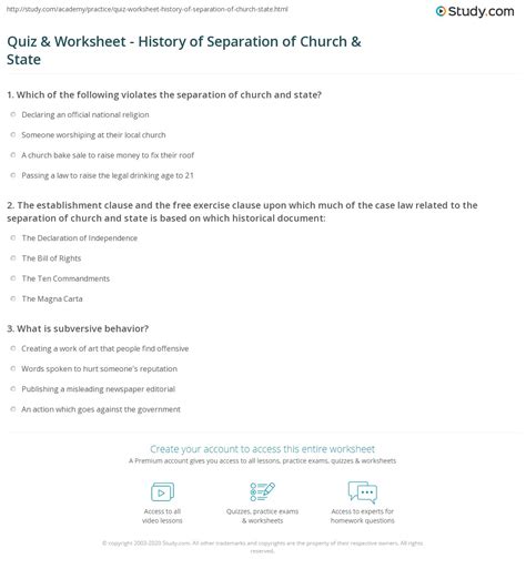 Quiz & Worksheet - History of Separation of Church & State | Study.com