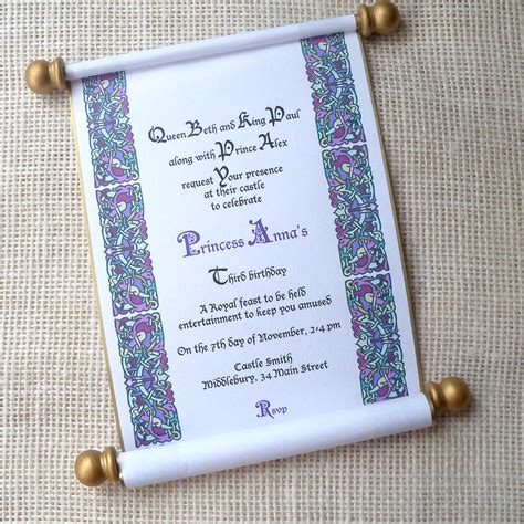 Royal kingdom birthday invitation scroll for prince or princess, queen or king, in purple and ...