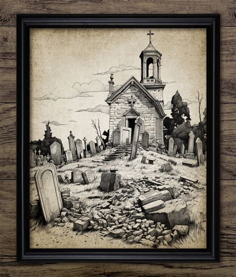 Gothic Graveyard Wall Art, Printable Church Cemetery, Old Graveyard, Broken Gravestones ...