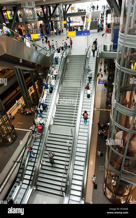 Escalators, stairs and an elevator for moving people between levels in Berlin's main train ...