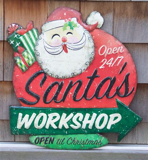 Santa's Workshop Tin Sign - Retro Christmas Sign - TheHolidayBarn.com