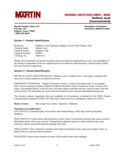 Sulfuric Acid - MSDS - Martin Resource Management