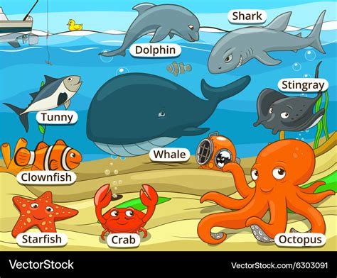 Underwater animals and fish with names cartoon Vector Image