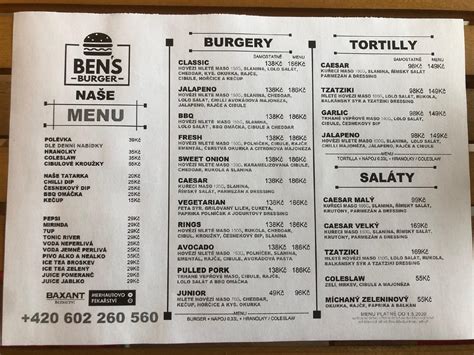 Menu at Ben's Burger restaurant, Benátky nad Jizerou