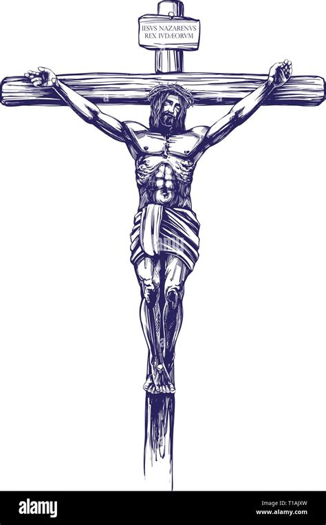 Jesus Christ, the Son of God, crucified on a wooden cross, symbol of Christianity hand drawn ...