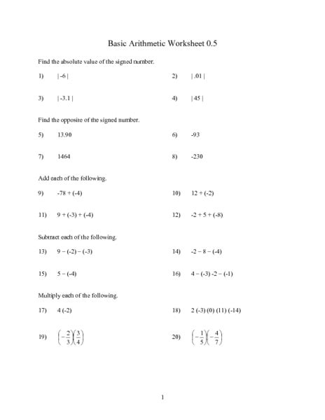 Basic Arithmetic Worksheet .05 Worksheet for 7th - 8th Grade | Lesson ...