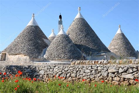 Cone Shaped Roofs Traditional Architecture Stone Trulli Houses Red Poppies — Stock Photo ...